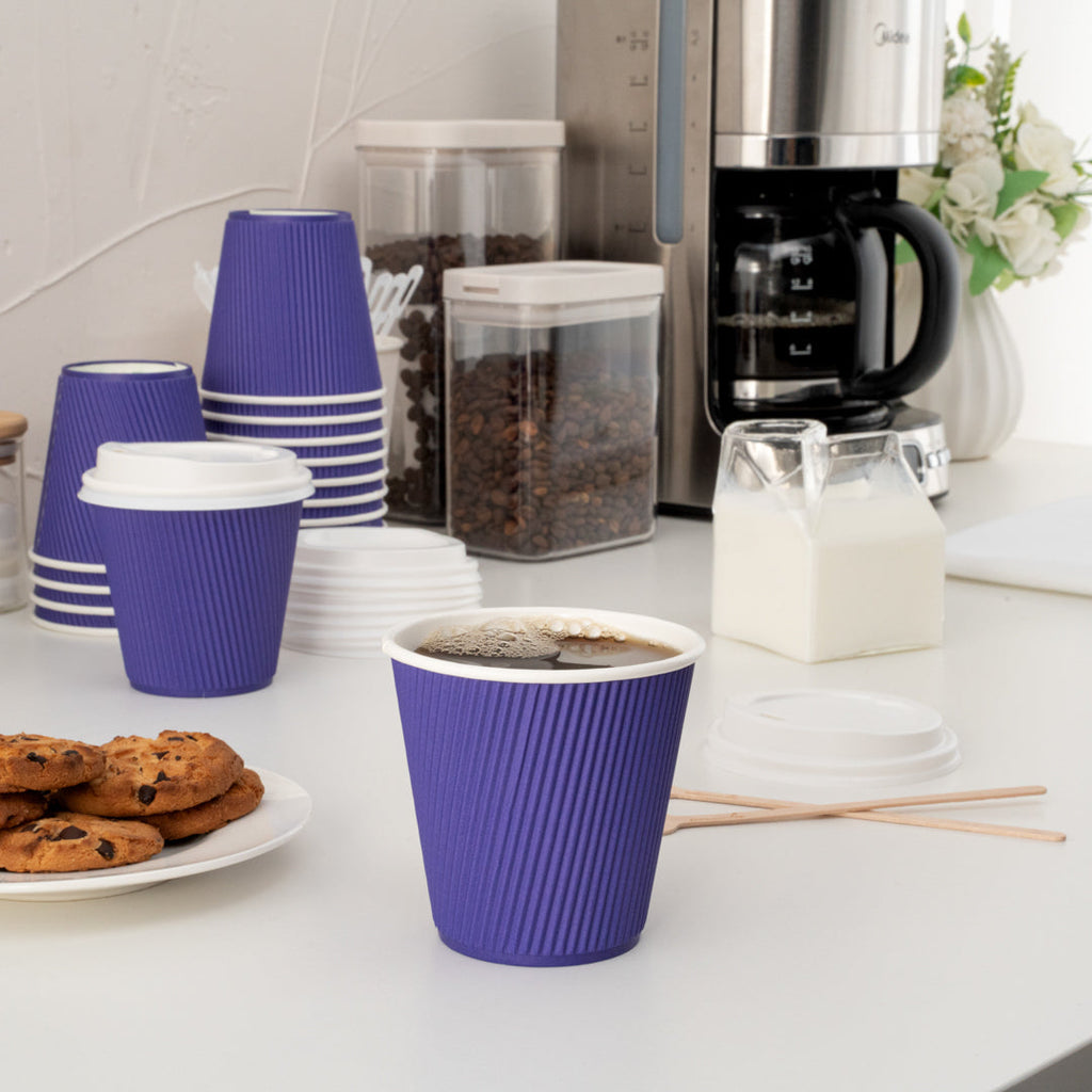 Restpresso 8 oz Royal Purple Paper Ripple Wall Coffee Cup - with White Lid - 3 1/2" x 3 1/2" x 4" - 20 count box