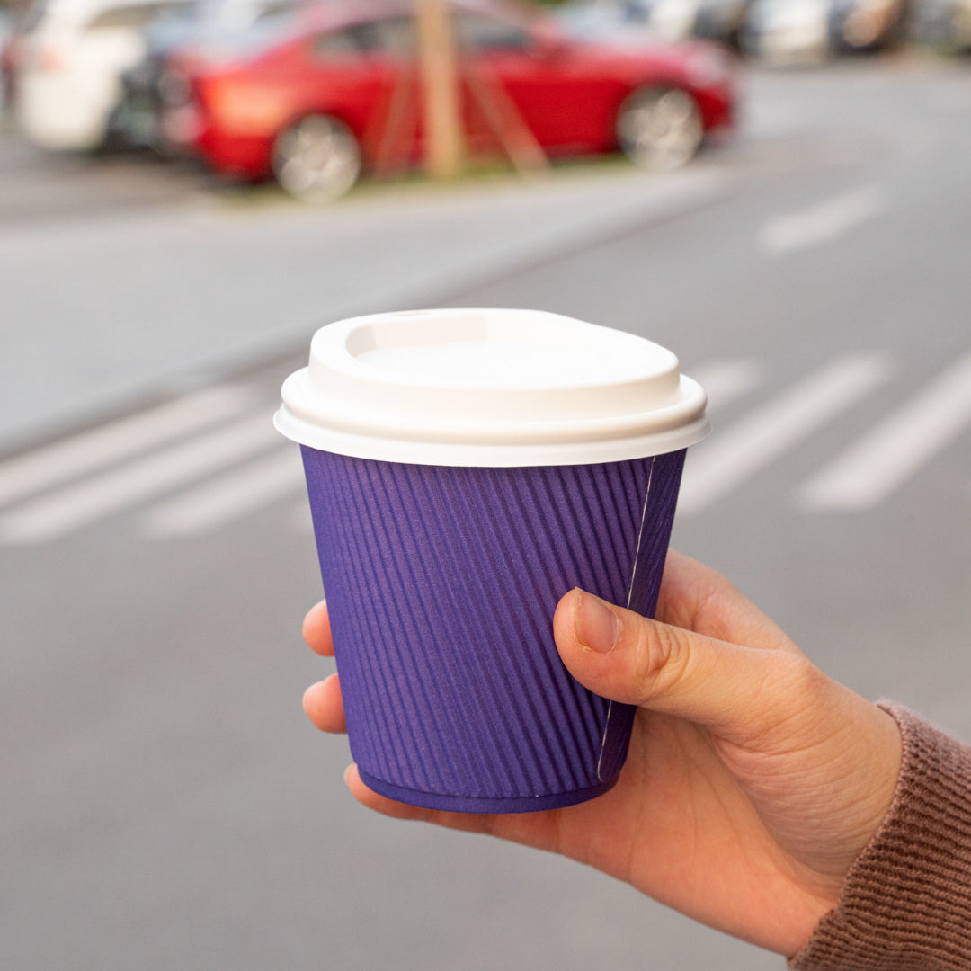 Restpresso 8 oz Royal Purple Paper Ripple Wall Coffee Cup - with White Lid - 3 1/2" x 3 1/2" x 4" - 20 count box