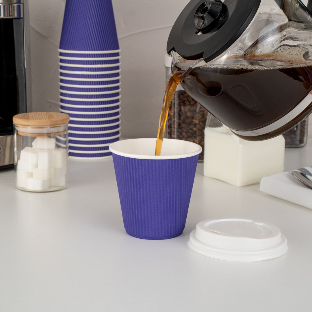 Restpresso 8 oz Royal Purple Paper Ripple Wall Coffee Cup - with White Lid - 3 1/2" x 3 1/2" x 4" - 20 count box