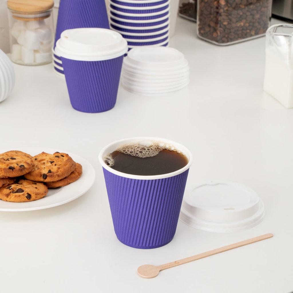 Restpresso 8 oz Royal Purple Paper Ripple Wall Coffee Cup - with White Lid - 3 1/2" x 3 1/2" x 4" - 400 count box