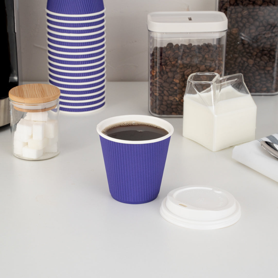 Restpresso 8 oz Royal Purple Paper Ripple Wall Coffee Cup - with White Lid - 3 1/2" x 3 1/2" x 4" - 400 count box