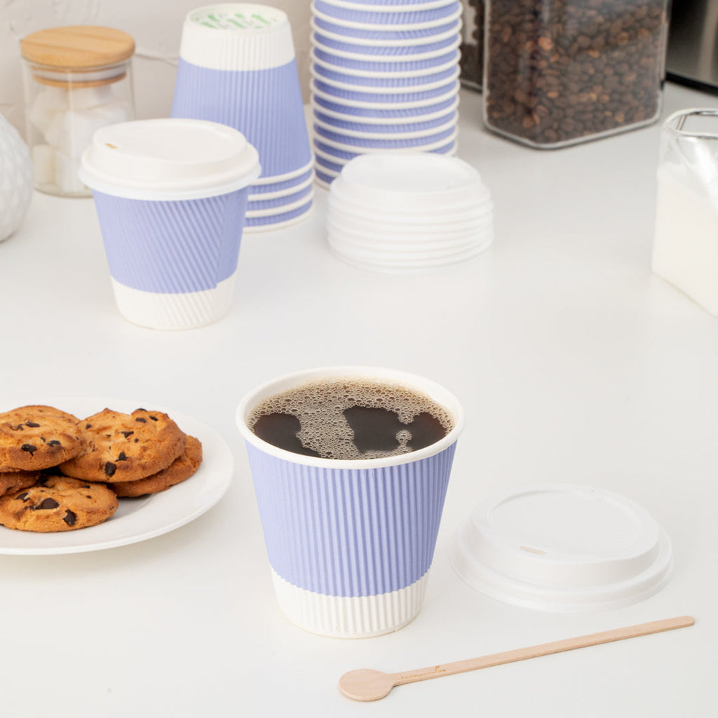 Restpresso 8 oz Light Purple Paper Ripple Wall Coffee Cup - with White Lid - 3 1/2" x 3 1/2" x 4" - 20 count box