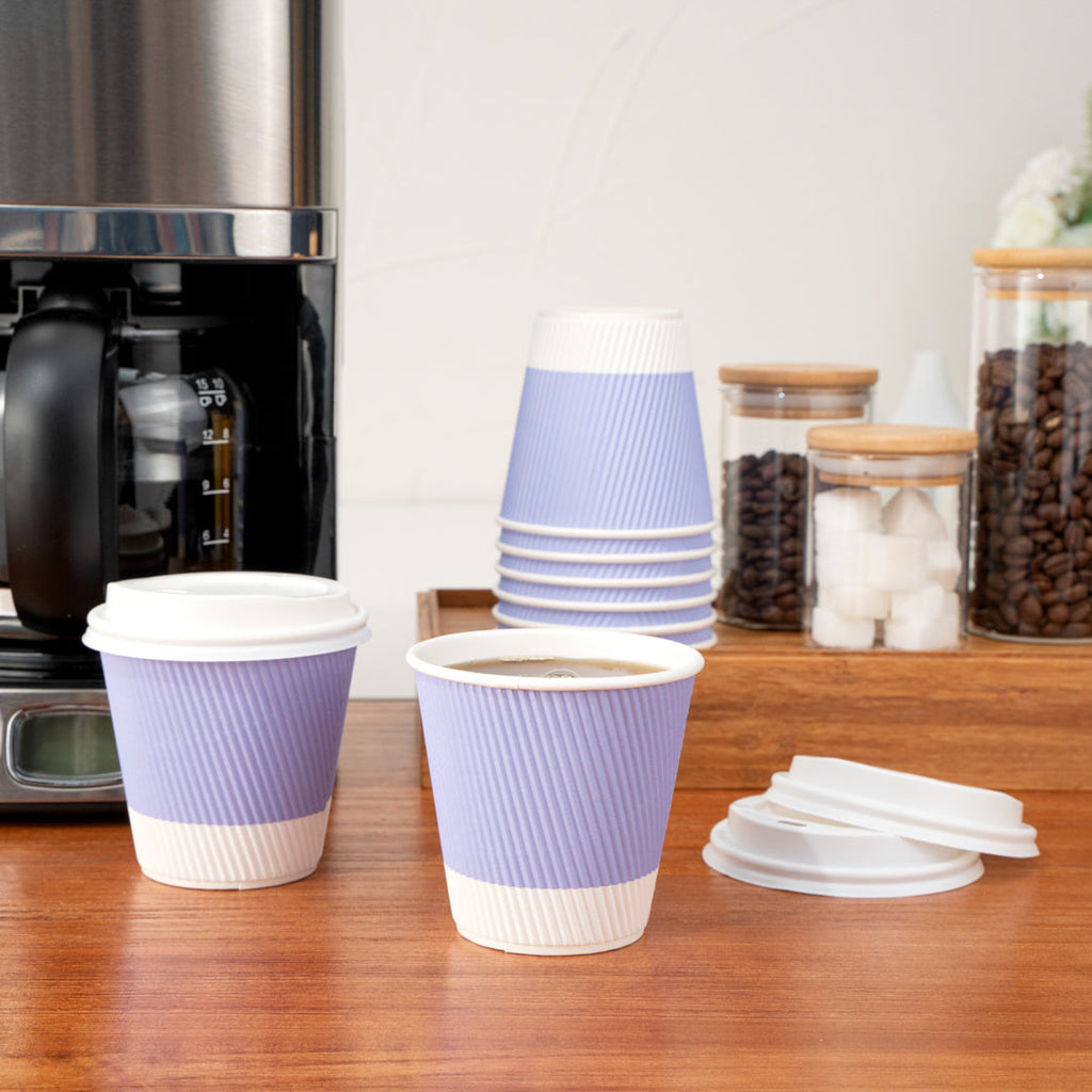 Restpresso 8 oz Light Purple Paper Ripple Wall Coffee Cup - with White Lid - 3 1/2" x 3 1/2" x 4" - 20 count box