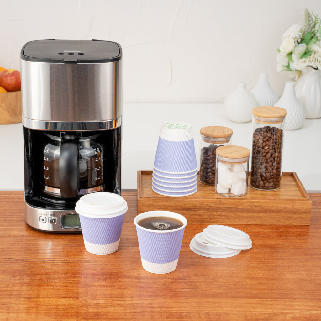 Restpresso 8 oz Light Purple Paper Ripple Wall Coffee Cup - with White Lid - 3 1/2" x 3 1/2" x 4" - 400 count box