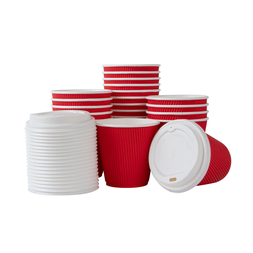 Restpresso 8 oz Red Paper Ripple Wall Coffee Cup - with White Lid - 3 1/2" x 3 1/2" x 4" - 20 count box
