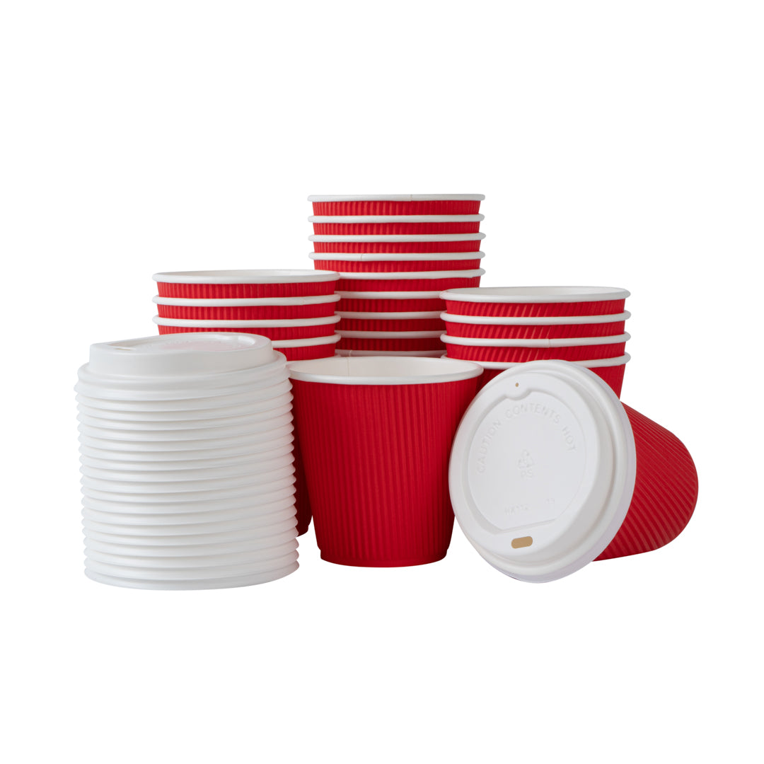 Restpresso 8 oz Red Paper Ripple Wall Coffee Cup - with White Lid - 3 1/2" x 3 1/2" x 4" - 20 count box