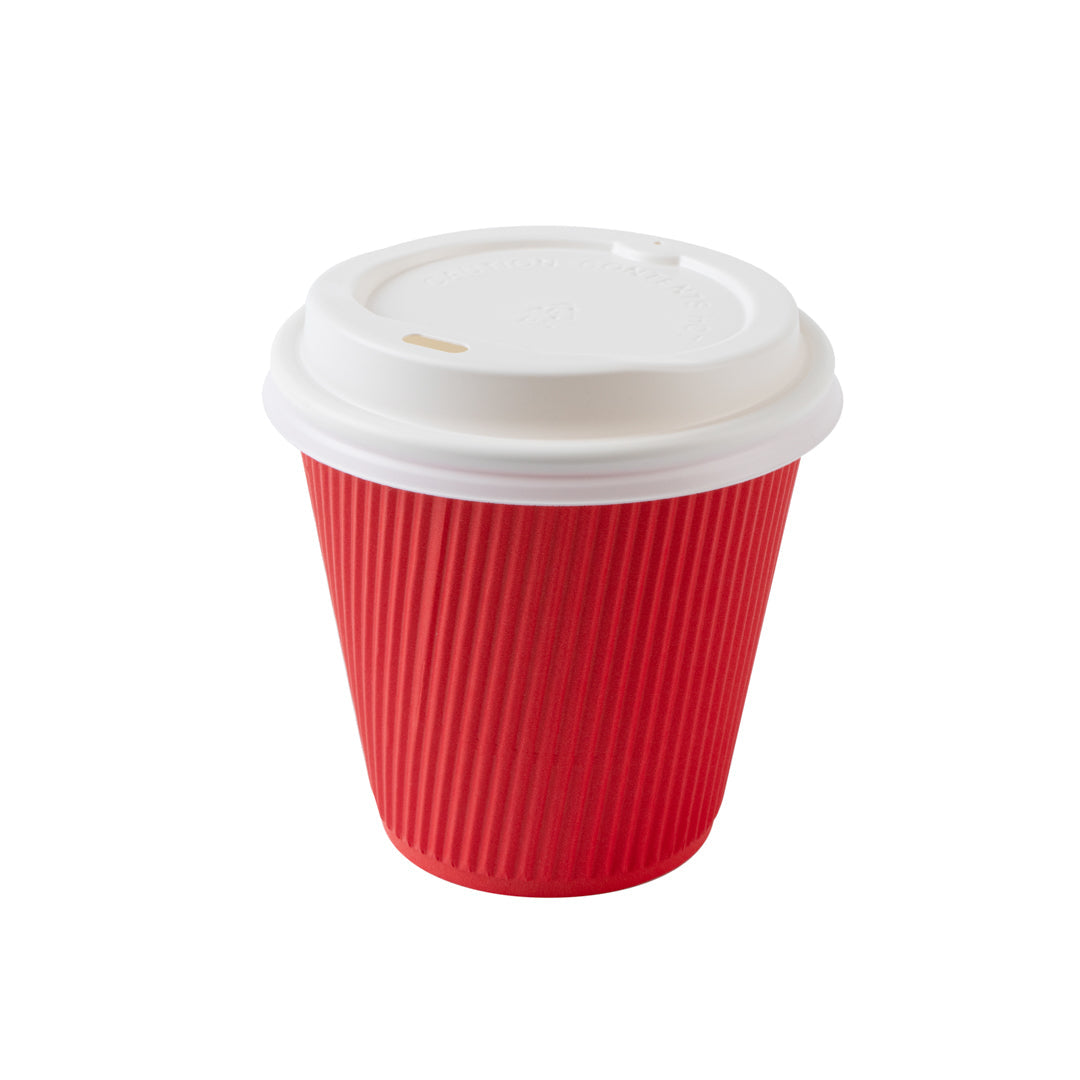 Restpresso 8 oz Red Paper Ripple Wall Coffee Cup - with White Lid - 3 1/2" x 3 1/2" x 4" - 20 count box