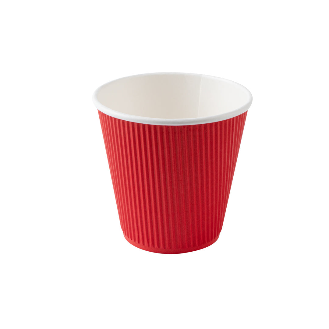 Restpresso 8 oz Red Paper Ripple Wall Coffee Cup - with White Lid - 3 1/2" x 3 1/2" x 4" - 20 count box