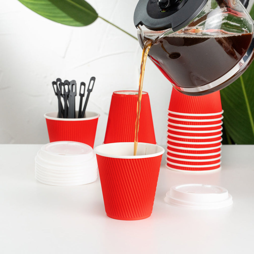 Restpresso 8 oz Red Paper Ripple Wall Coffee Cup - with White Lid - 3 1/2" x 3 1/2" x 4" - 20 count box