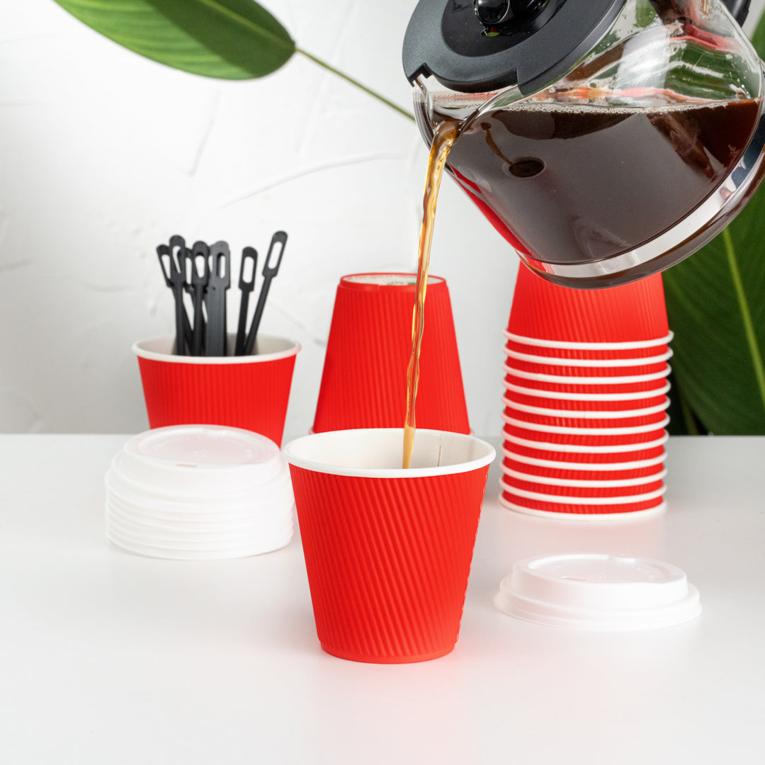 Restpresso 8 oz Red Paper Ripple Wall Coffee Cup - with White Lid - 3 1/2" x 3 1/2" x 4" - 20 count box