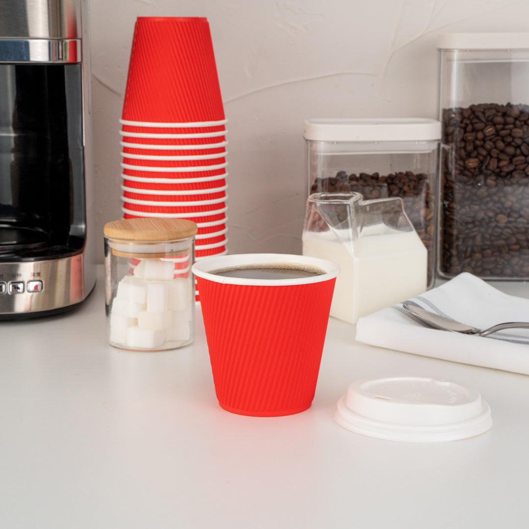 Restpresso 8 oz Red Paper Ripple Wall Coffee Cup - with White Lid - 3 1/2" x 3 1/2" x 4" - 400 count box