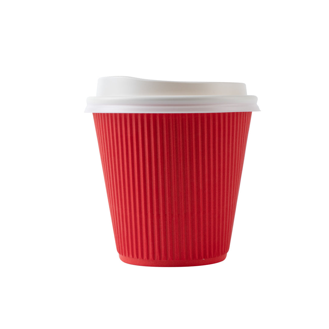Restpresso 8 oz Red Paper Ripple Wall Coffee Cup - with White Lid - 3 1/2" x 3 1/2" x 4" - 400 count box