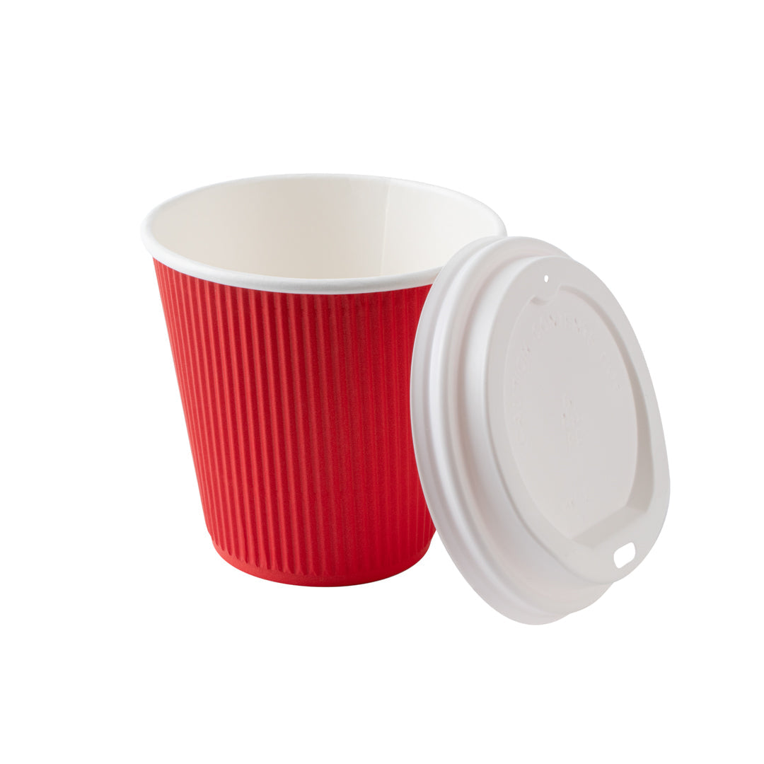 Restpresso 8 oz Red Paper Ripple Wall Coffee Cup - with White Lid - 3 1/2" x 3 1/2" x 4" - 400 count box