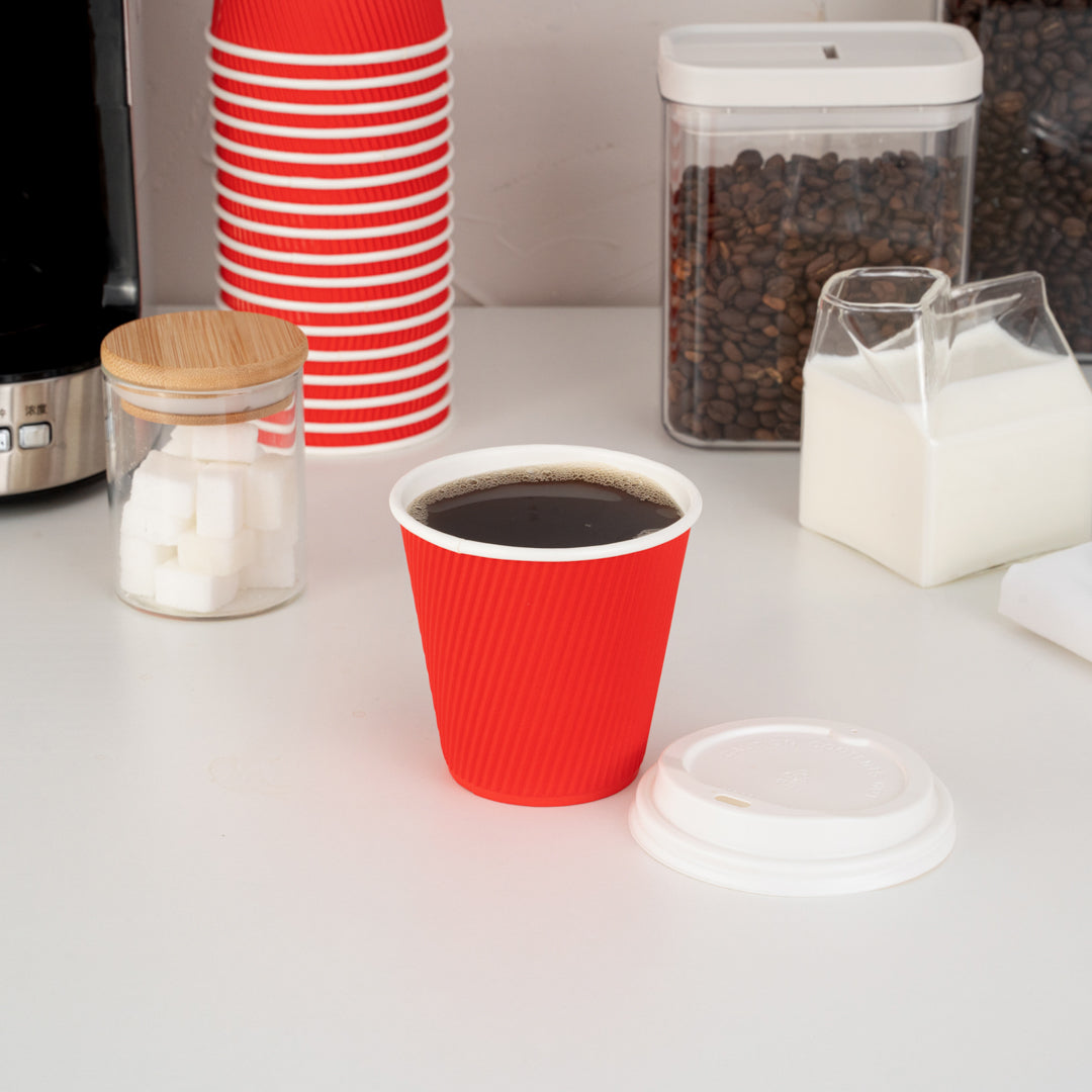 Restpresso 8 oz Red Paper Ripple Wall Coffee Cup - with White Lid - 3 1/2" x 3 1/2" x 4" - 400 count box