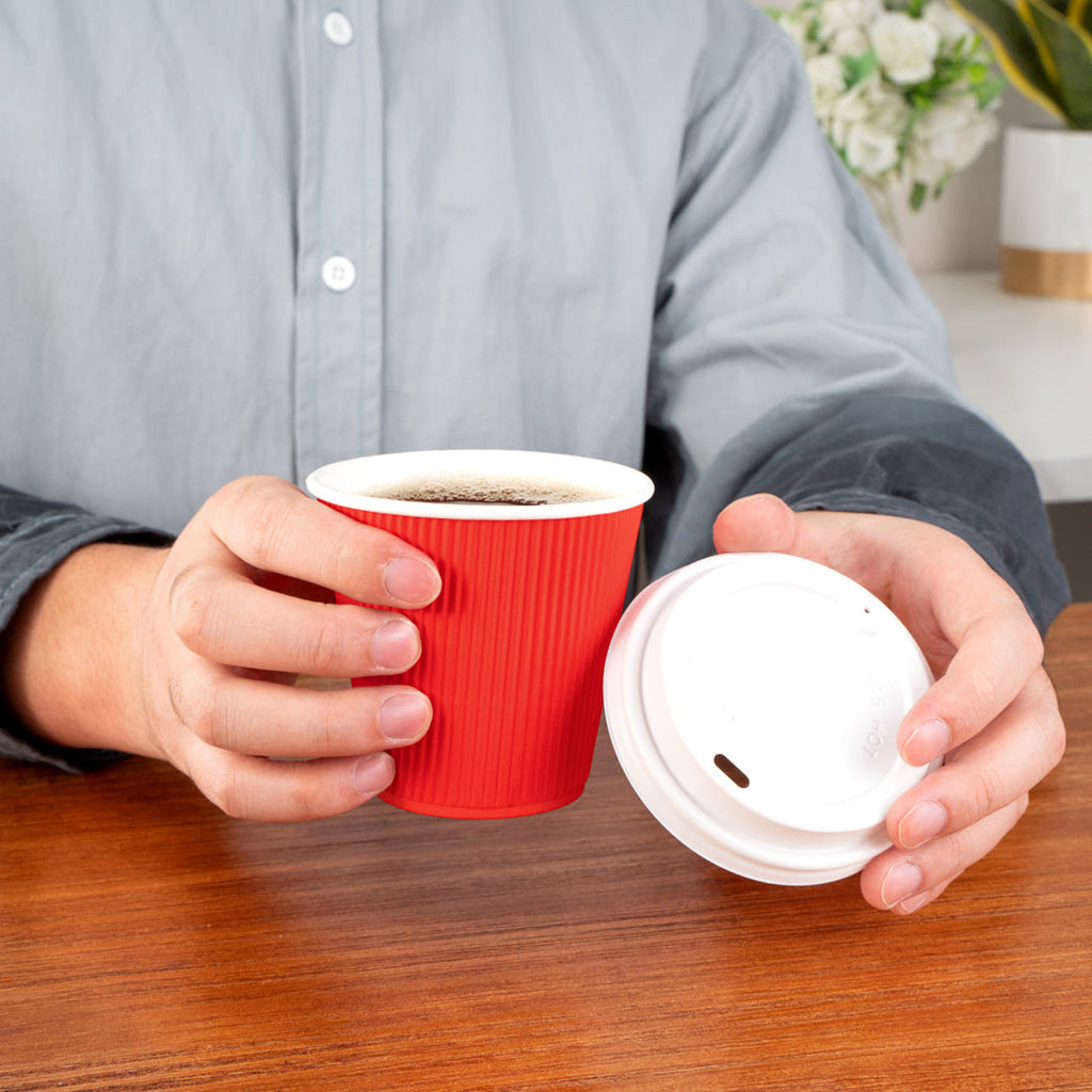 Restpresso 8 oz Red Paper Ripple Wall Coffee Cup - with White Lid - 3 1/2" x 3 1/2" x 4" - 400 count box