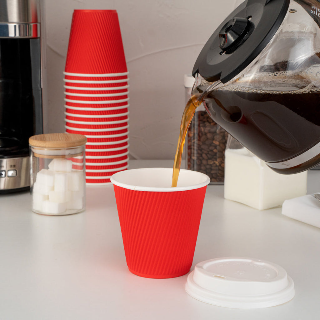 Restpresso 8 oz Red Paper Ripple Wall Coffee Cup - with White Lid - 3 1/2" x 3 1/2" x 4" - 400 count box