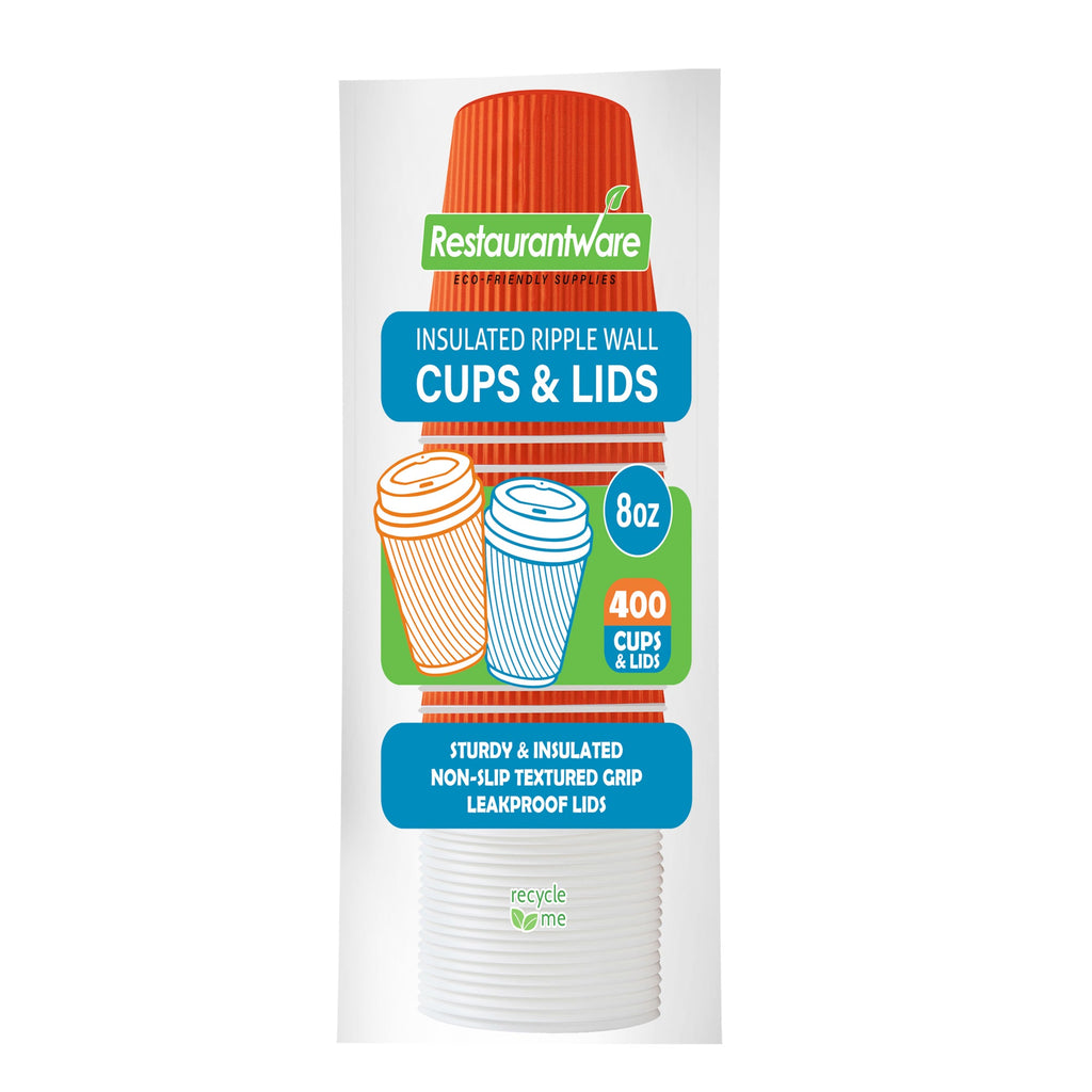 Restpresso 8 oz Tangerine Orange Paper Ripple Wall Coffee Cup - with White Lid - 3 1/2" x 3 1/2" x 4" - 400 count box
