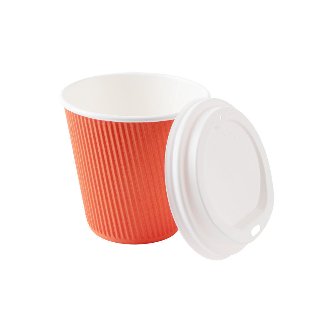 Restpresso 8 oz Tangerine Orange Paper Ripple Wall Coffee Cup - with White Lid - 3 1/2" x 3 1/2" x 4" - 20 count box
