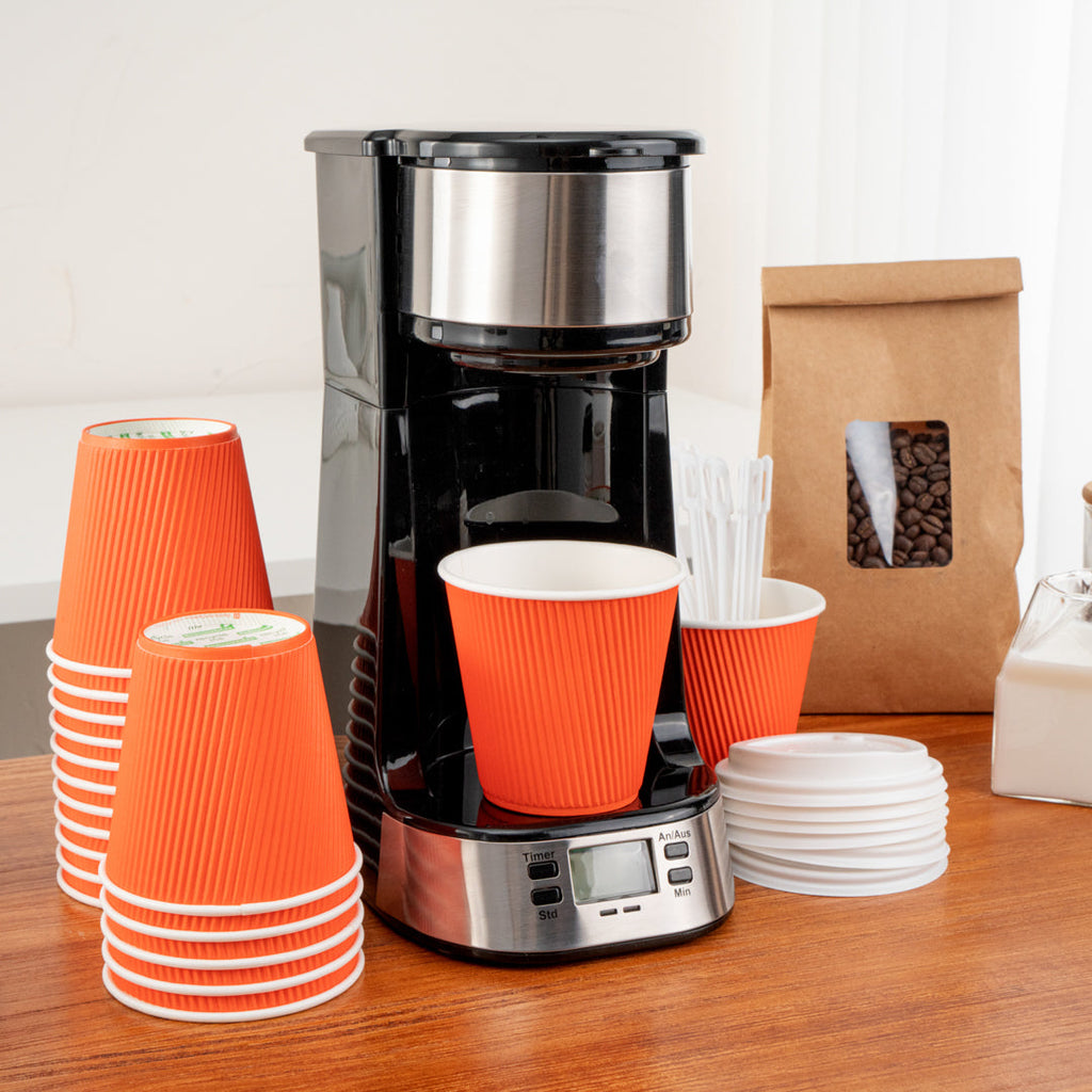 Restpresso 8 oz Tangerine Orange Paper Ripple Wall Coffee Cup - with White Lid - 3 1/2" x 3 1/2" x 4" - 20 count box