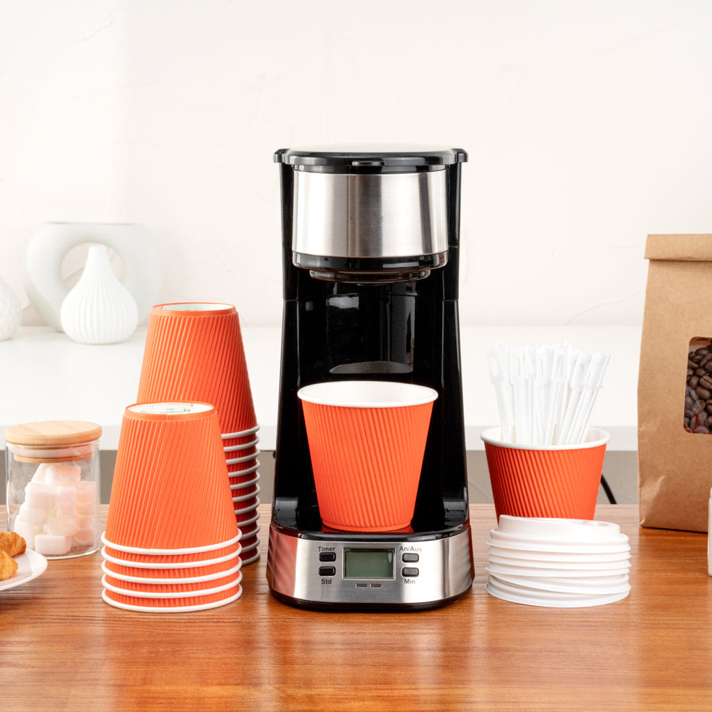 Restpresso 8 oz Tangerine Orange Paper Ripple Wall Coffee Cup - with White Lid - 3 1/2" x 3 1/2" x 4" - 400 count box