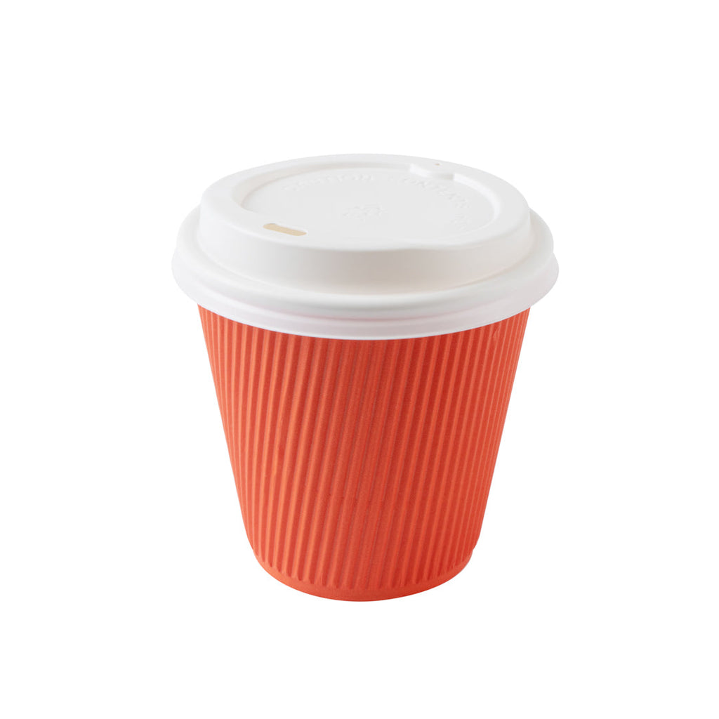 Restpresso 8 oz Tangerine Orange Paper Ripple Wall Coffee Cup - with White Lid - 3 1/2" x 3 1/2" x 4" - 400 count box