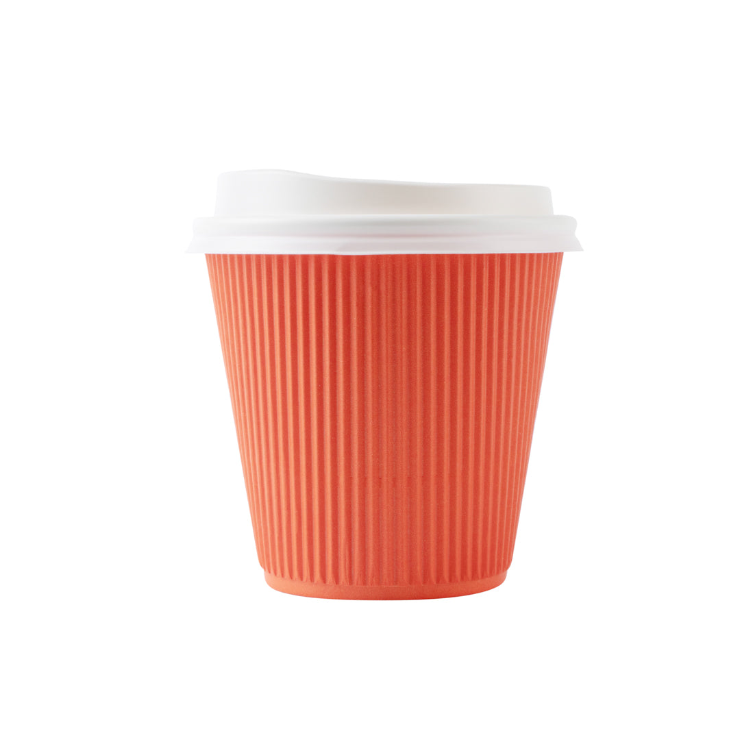 Restpresso 8 oz Tangerine Orange Paper Ripple Wall Coffee Cup - with White Lid - 3 1/2" x 3 1/2" x 4" - 400 count box