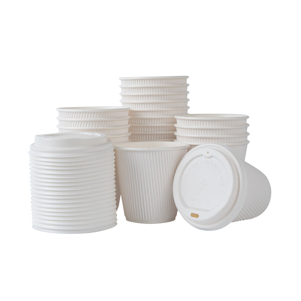 Restpresso 8 oz White Paper Ripple Wall Coffee Cup - with White Lid - 3 1/2" x 3 1/2" x 4" - 400 count box