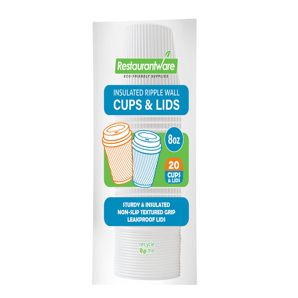 Restpresso 8 oz White Paper Ripple Wall Coffee Cup - with White Lid - 3 1/2" x 3 1/2" x 4" - 20 count box