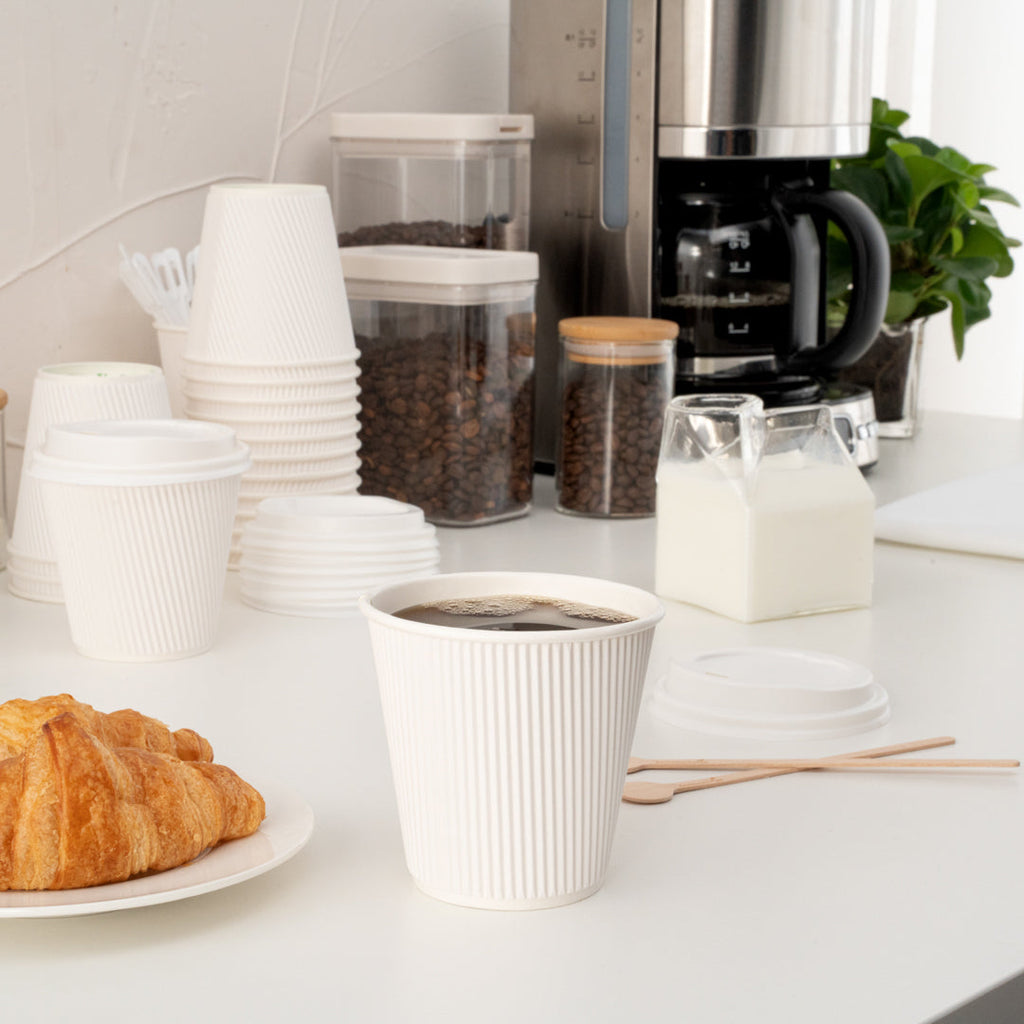 Restpresso 8 oz White Paper Ripple Wall Coffee Cup - with White Lid - 3 1/2" x 3 1/2" x 4" - 20 count box