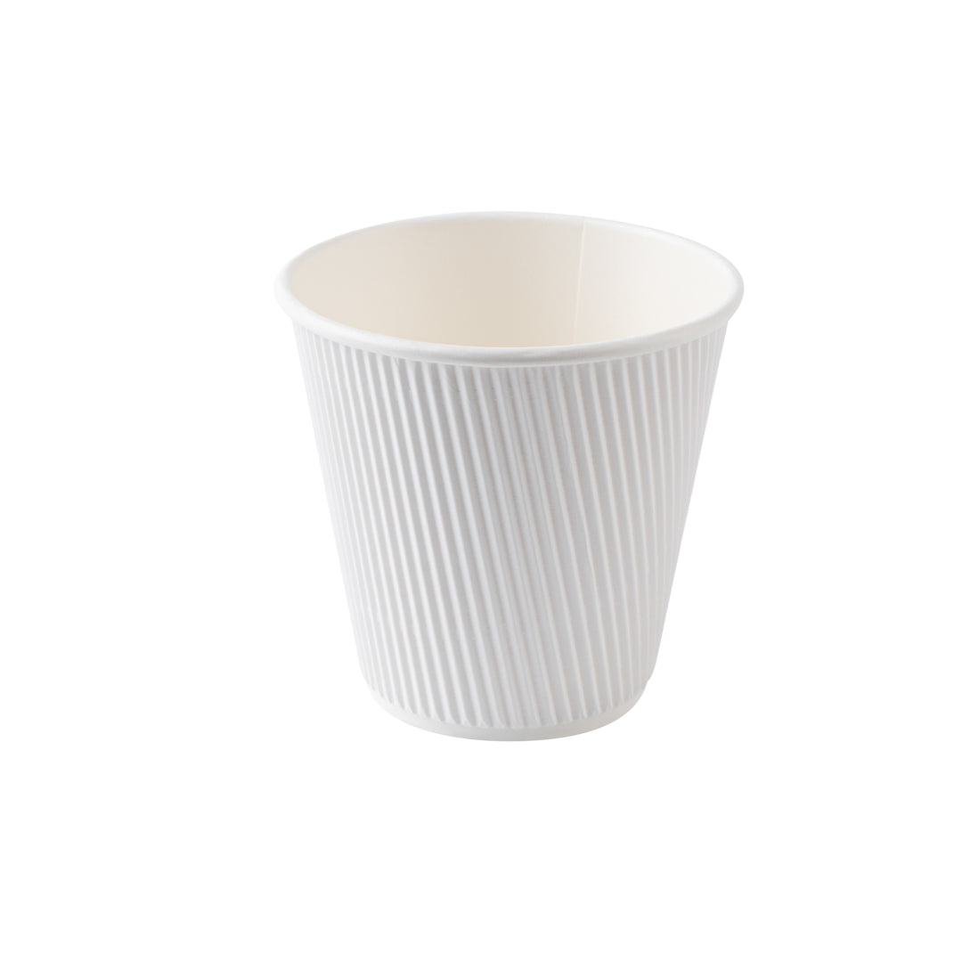 Restpresso 8 oz White Paper Ripple Wall Coffee Cup - with White Lid - 3 1/2" x 3 1/2" x 4" - 20 count box