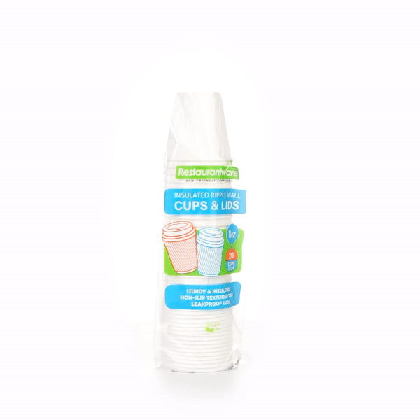 Restpresso 8 oz White Paper Ripple Wall Coffee Cup - with White Lid - 3 1/2" x 3 1/2" x 4" - 400 count box