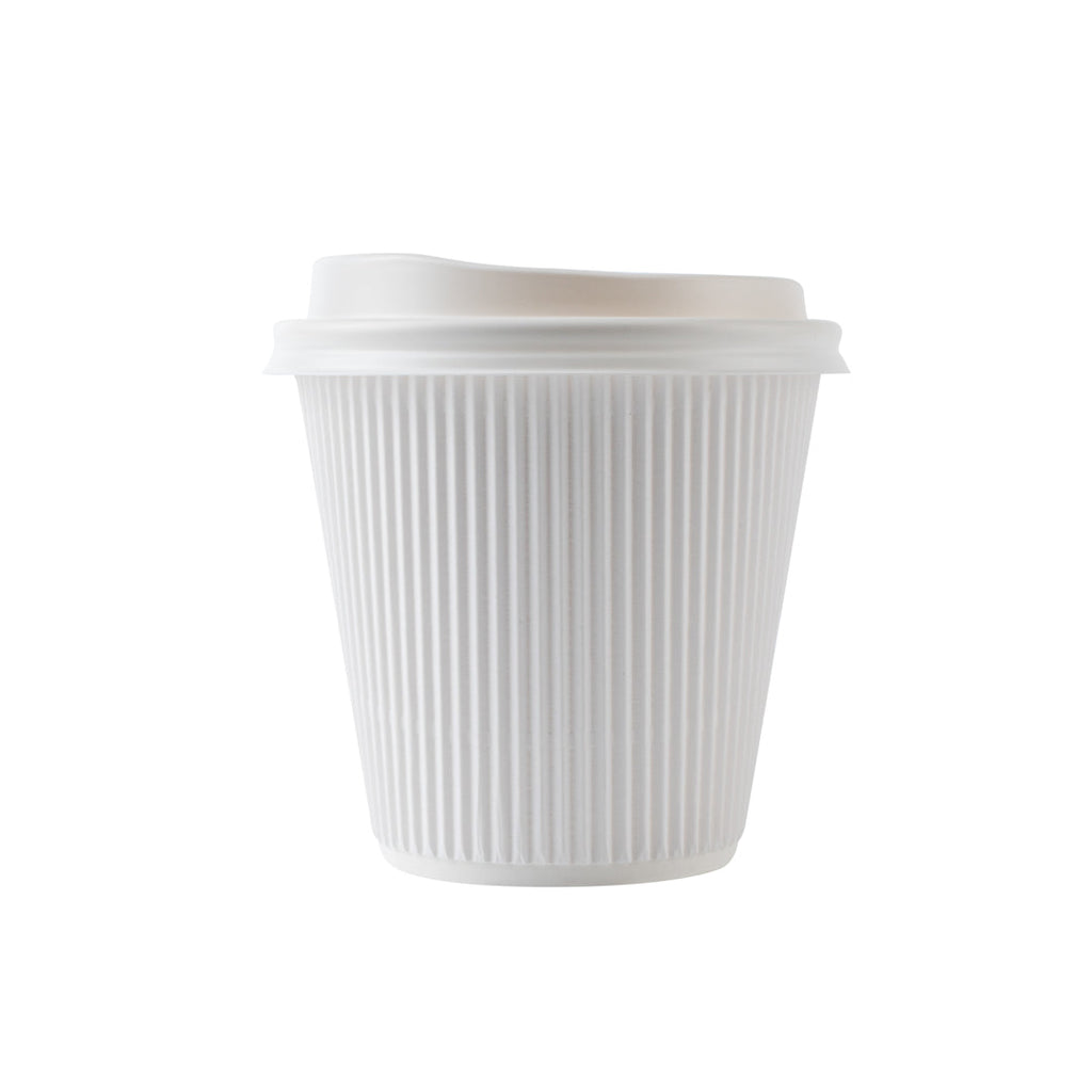 Restpresso 8 oz White Paper Ripple Wall Coffee Cup - with White Lid - 3 1/2" x 3 1/2" x 4" - 400 count box