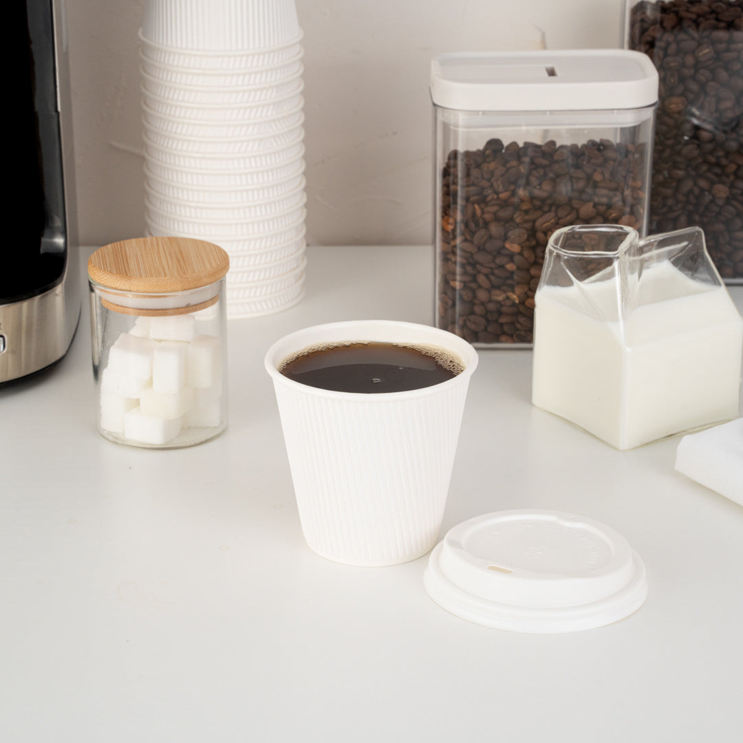 Restpresso 8 oz White Paper Ripple Wall Coffee Cup - with White Lid - 3 1/2" x 3 1/2" x 4" - 400 count box