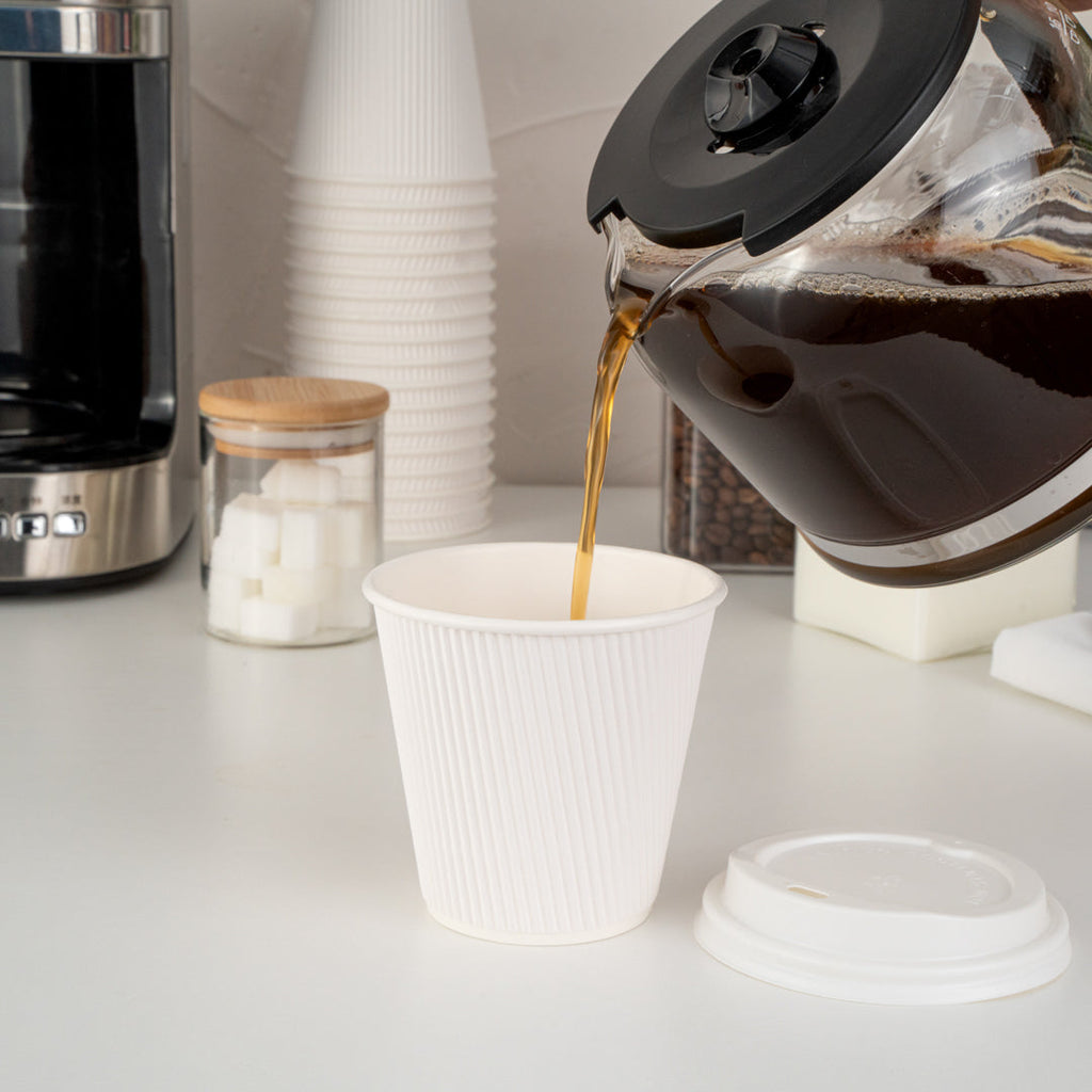 Restpresso 8 oz White Paper Ripple Wall Coffee Cup - with White Lid - 3 1/2" x 3 1/2" x 4" - 400 count box