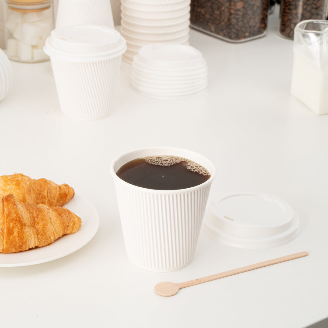 Restpresso 8 oz White Paper Ripple Wall Coffee Cup - with White Lid - 3 1/2" x 3 1/2" x 4" - 400 count box