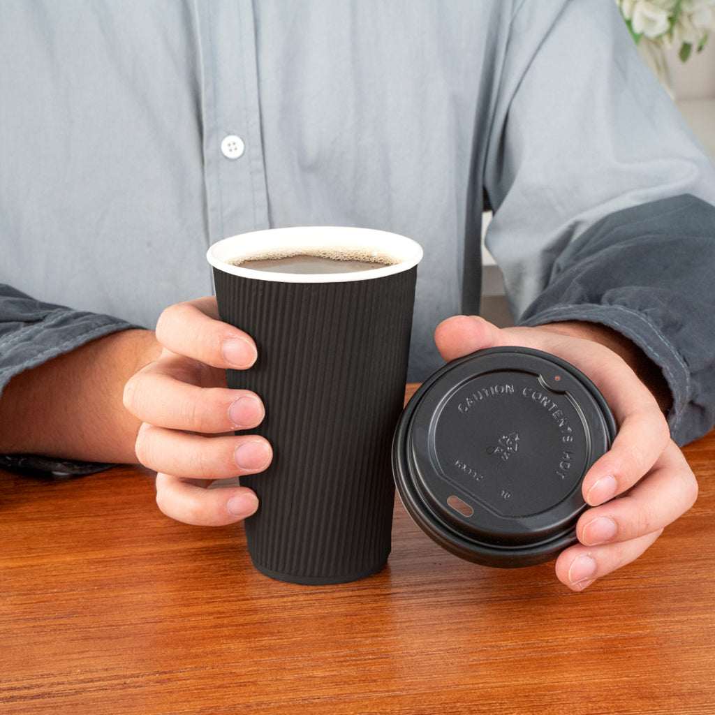 Restpresso 16 oz Black Paper Ripple Wall Coffee Cup - with Black Lid - 3 1/2" x 3 1/2" x 6 1/4" - 200 count box