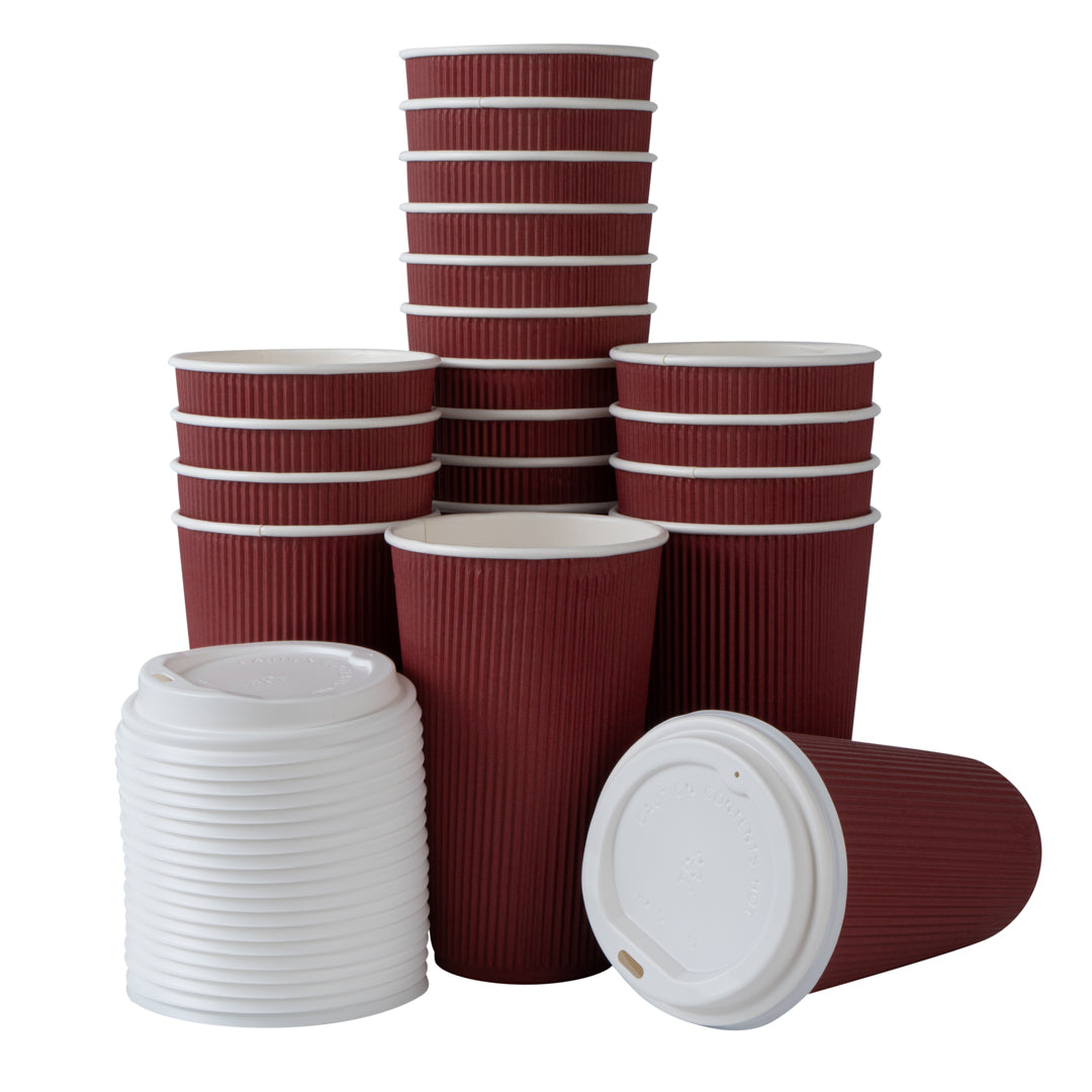 Restpresso 16 oz Crimson Paper Ripple Wall Coffee Cup - with White Lid - 3 1/2" x 3 1/2" x 6 1/4" - 20 count box
