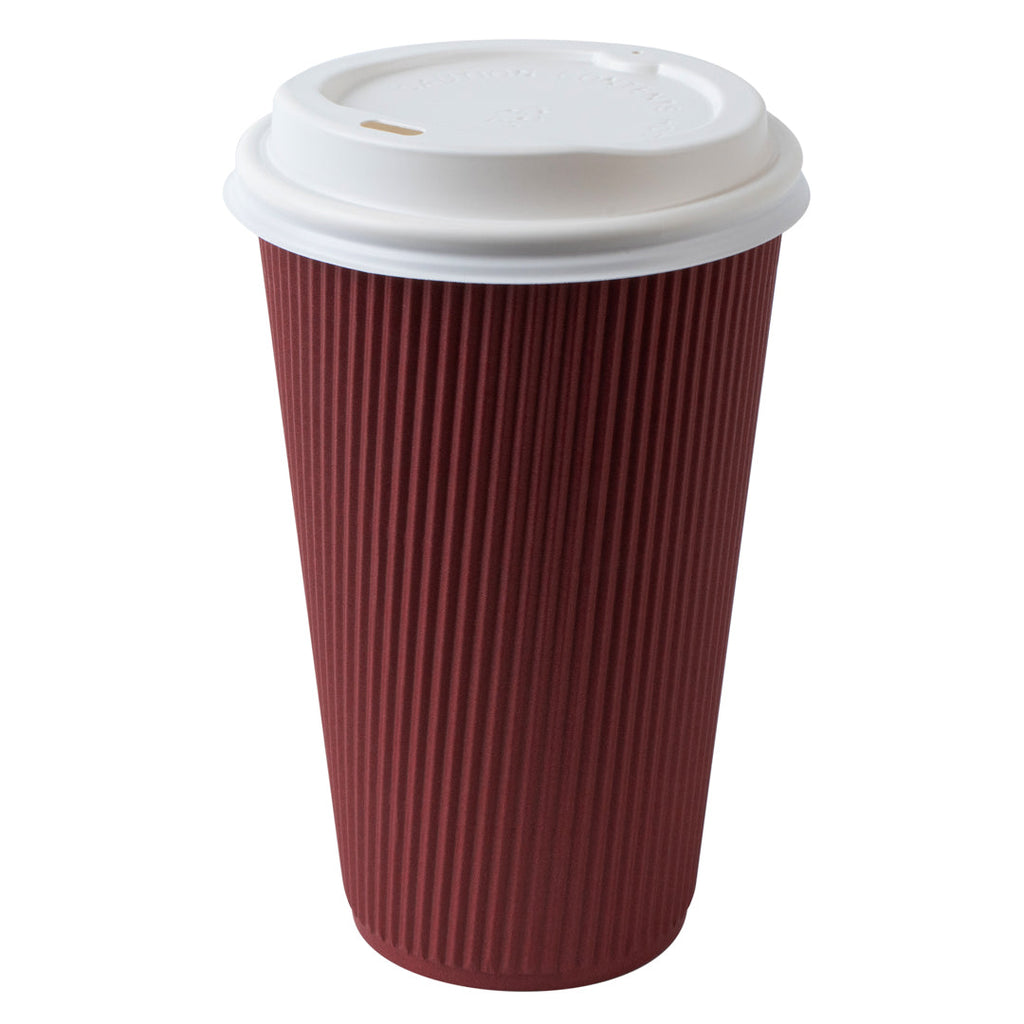 Restpresso 16 oz Crimson Paper Ripple Wall Coffee Cup - with White Lid - 3 1/2" x 3 1/2" x 6 1/4" - 20 count box