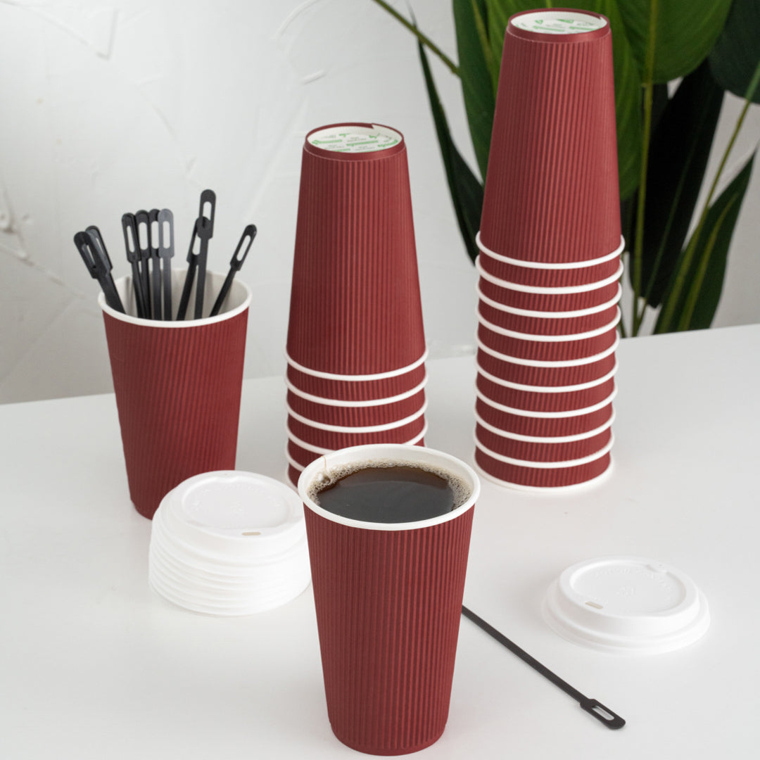 Restpresso 16 oz Crimson Paper Ripple Wall Coffee Cup - with White Lid - 3 1/2" x 3 1/2" x 6 1/4" - 20 count box