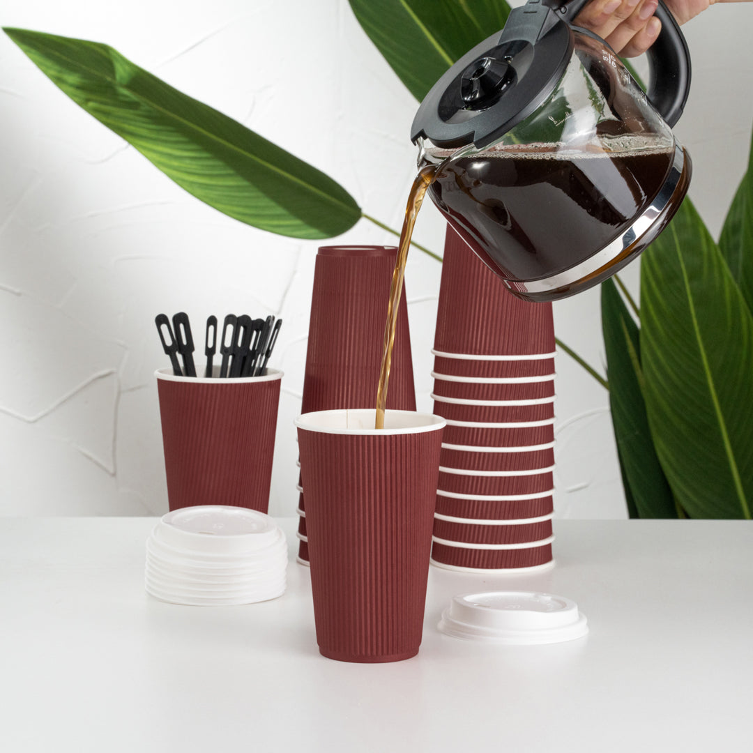 Restpresso 16 oz Crimson Paper Ripple Wall Coffee Cup - with White Lid - 3 1/2" x 3 1/2" x 6 1/4" - 20 count box