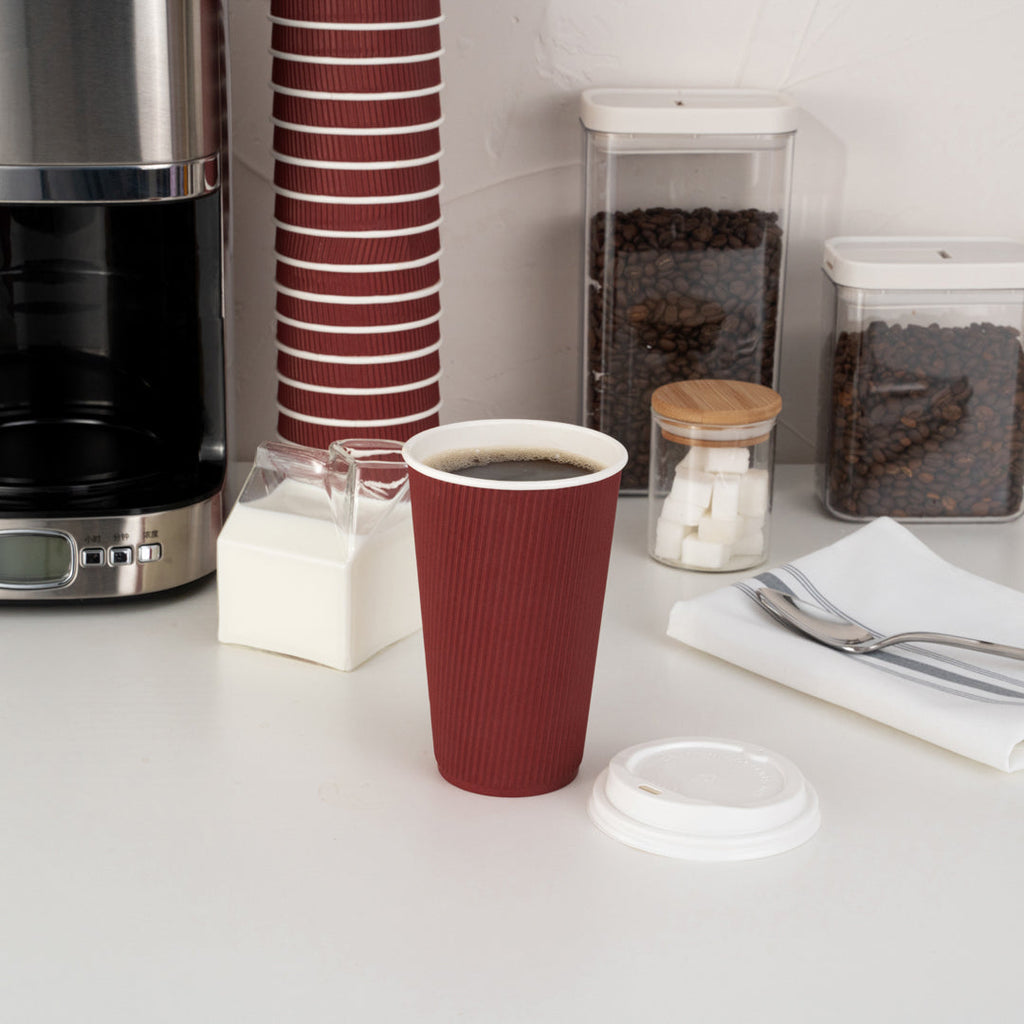 Restpresso 16 oz Crimson Paper Ripple Wall Coffee Cup - with White Lid - 3 1/2" x 3 1/2" x 6 1/4" - 200 count box