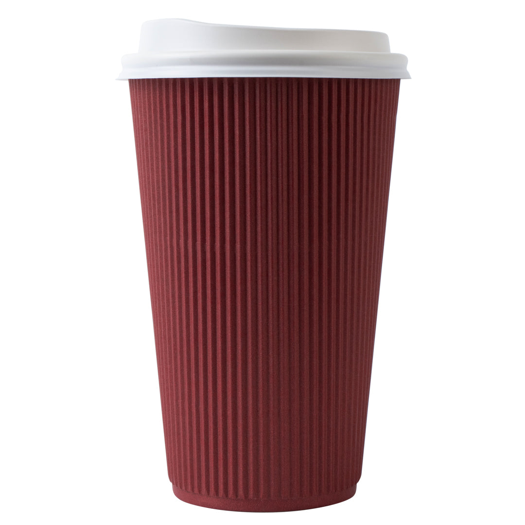 Restpresso 16 oz Crimson Paper Ripple Wall Coffee Cup - with White Lid - 3 1/2" x 3 1/2" x 6 1/4" - 200 count box