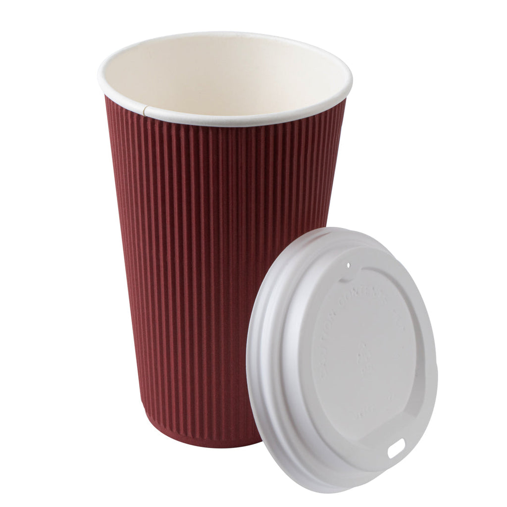 Restpresso 16 oz Crimson Paper Ripple Wall Coffee Cup - with White Lid - 3 1/2" x 3 1/2" x 6 1/4" - 200 count box