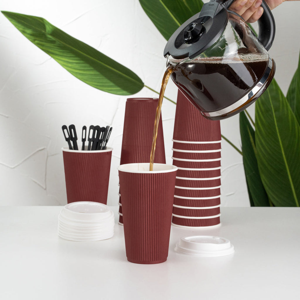 Restpresso 16 oz Crimson Paper Ripple Wall Coffee Cup - with White Lid - 3 1/2" x 3 1/2" x 6 1/4" - 200 count box
