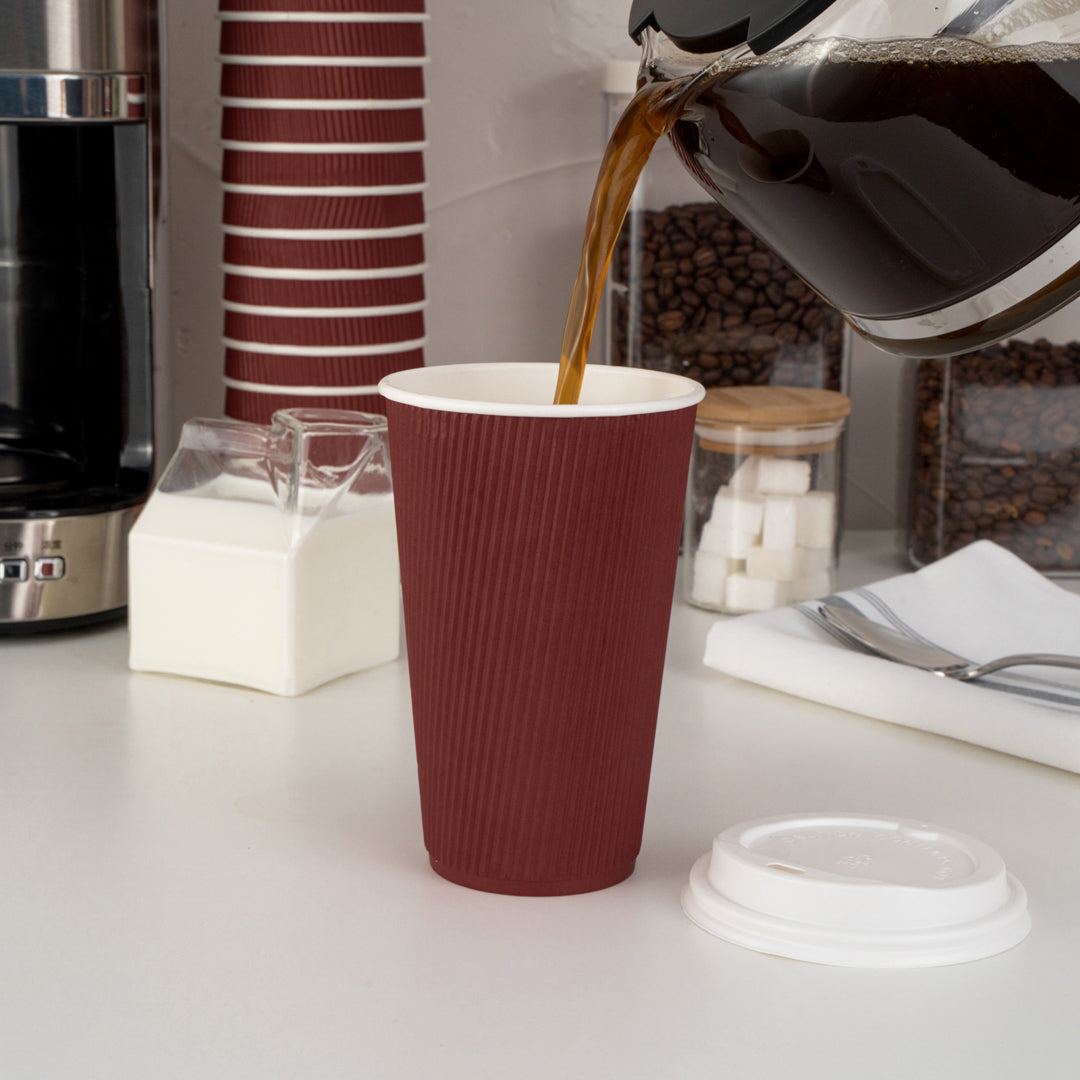 Restpresso 16 oz Crimson Paper Ripple Wall Coffee Cup - with White Lid - 3 1/2" x 3 1/2" x 6 1/4" - 200 count box