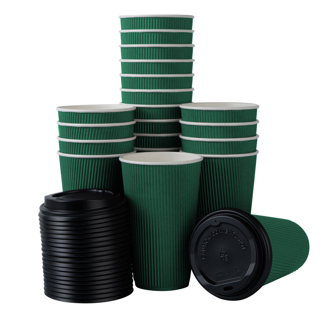 Restpresso 16 oz Forest Green Paper Ripple Wall Coffee Cup - with Black Lid - 3 1/2" x 3 1/2" x 6 1/4" - 200 count box
