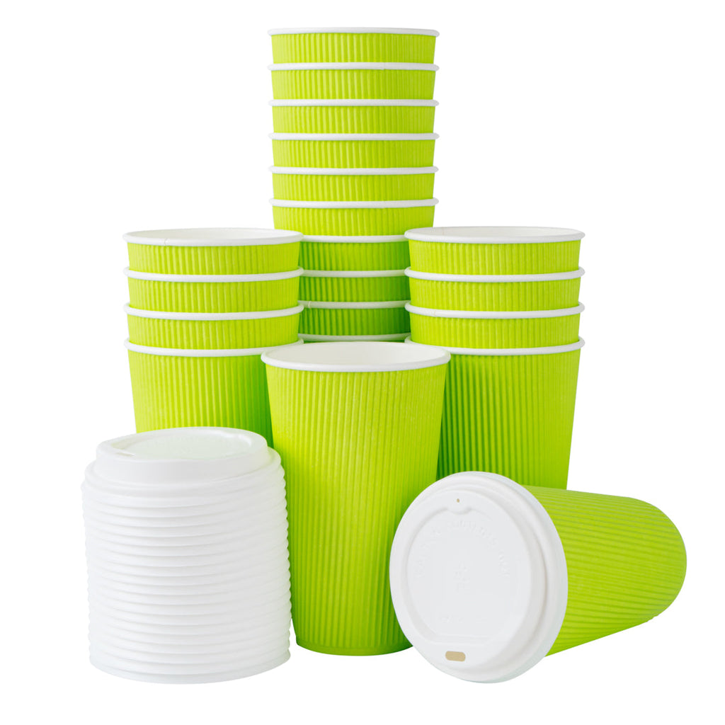 Restpresso 16 oz Eco Green Paper Ripple Wall Coffee Cup - with White Lid - 3 1/2" x 3 1/2" x 6 1/4" - 20 count box