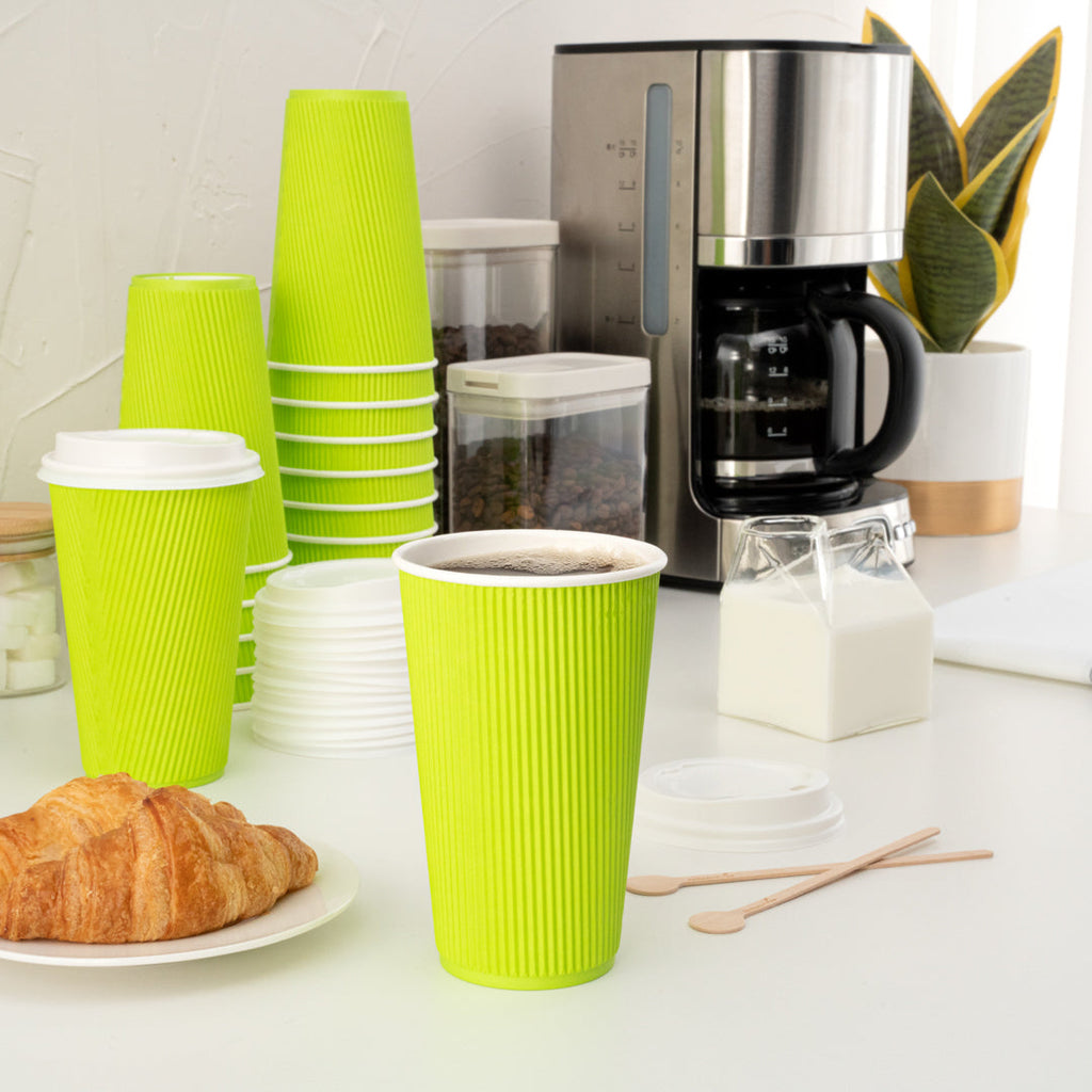 Restpresso 16 oz Eco Green Paper Ripple Wall Coffee Cup - with White Lid - 3 1/2" x 3 1/2" x 6 1/4" - 20 count box