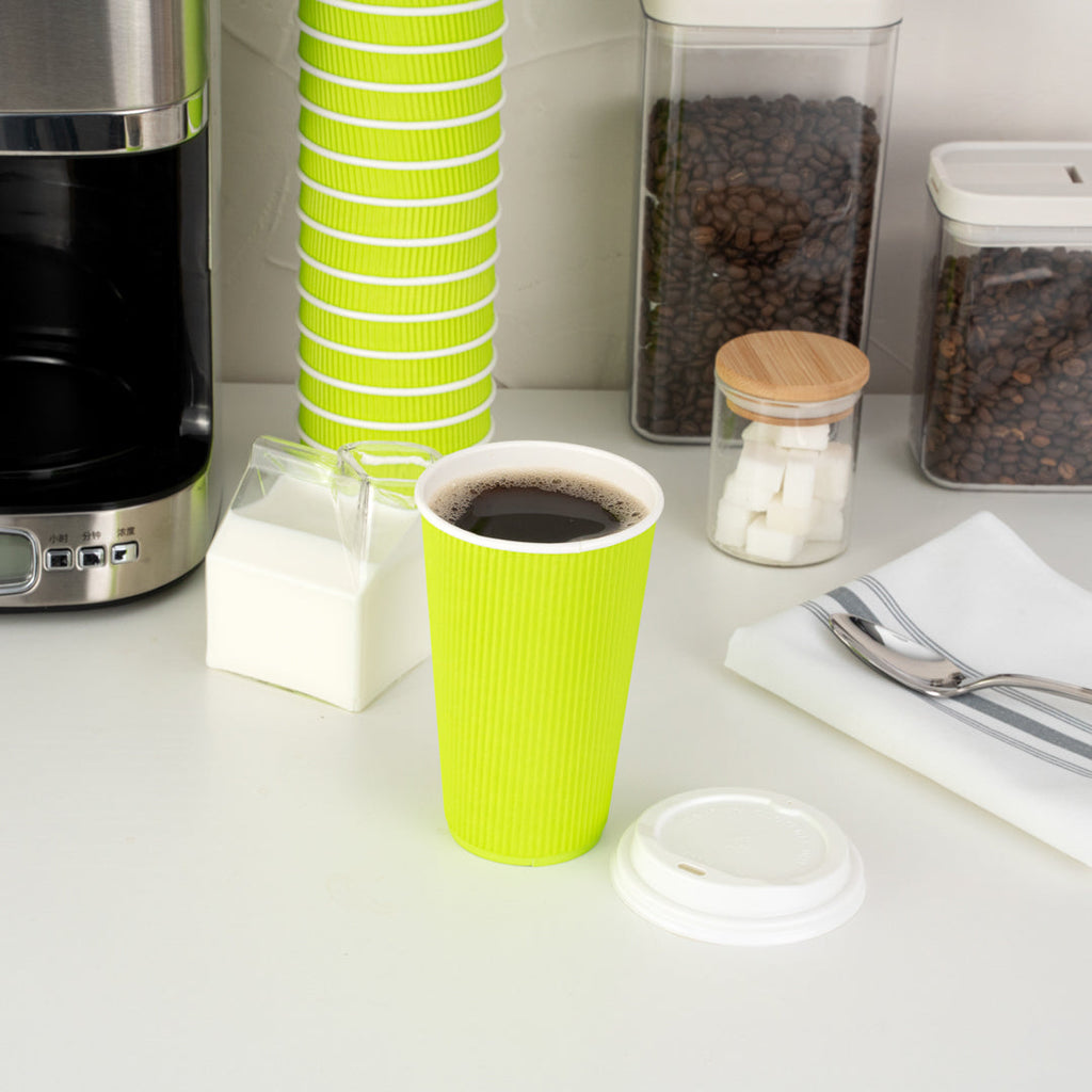 Restpresso 16 oz Eco Green Paper Ripple Wall Coffee Cup - with White Lid - 3 1/2" x 3 1/2" x 6 1/4" - 20 count box
