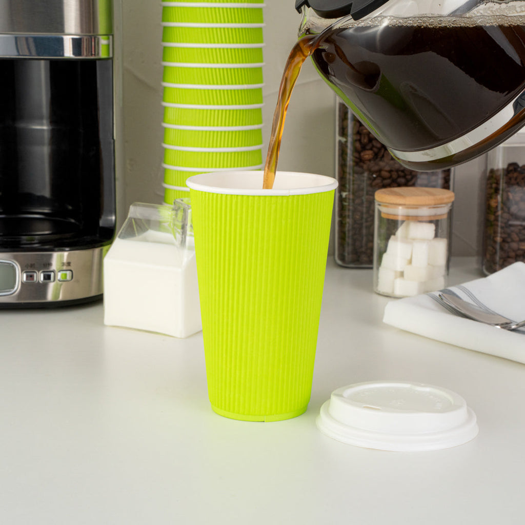 Restpresso 16 oz Eco Green Paper Ripple Wall Coffee Cup - with White Lid - 3 1/2" x 3 1/2" x 6 1/4" - 20 count box